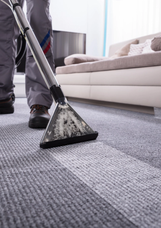 a person holding a water extracting vacuum cleaner cleaning the carpet